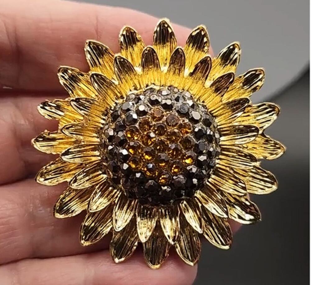 Sunflower Brooch Rhinestone Gold Tone Enameled Metal Flower Garden